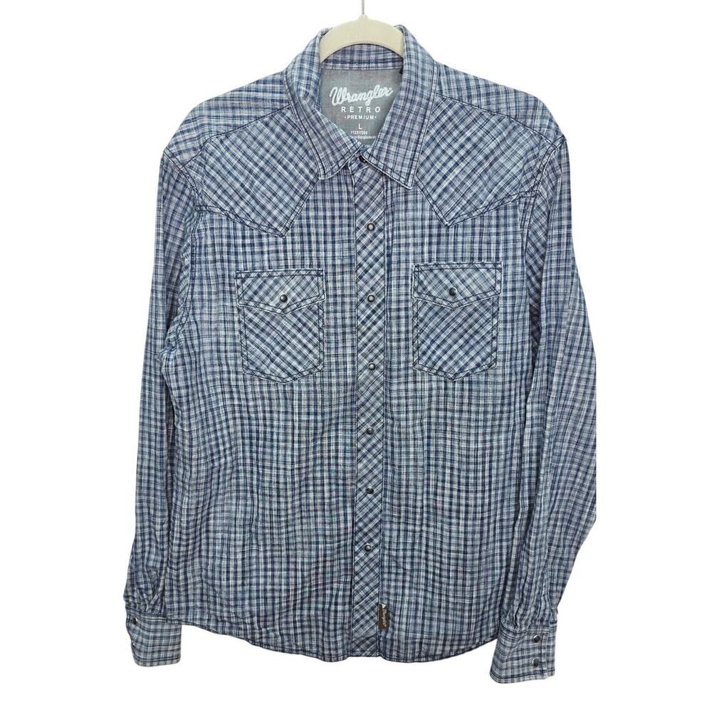 Wrangler Retro Premium Mens Large Blue Plaid Western Snap Button Shirt Cowboy